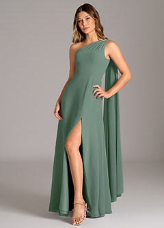 Azazie Tella Vestidos de damas de honor Vestido de Eucalipto de Gasa de Corte en A con Hombro unilateral image3