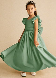Azazie Piglette Robe Demoiselle D'honneur Fillette Robe Trapèze en Mat Satiné Arc Matcha image2