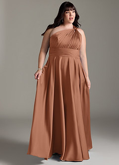 Azazie Charlize Bridesmaid Dresses Bronzer A-Line One Shoulder Stretch Satin Dress image11