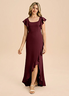 Azazie Demi Junior Cabernet Mermaid Bow Stretch Satin Dress image3