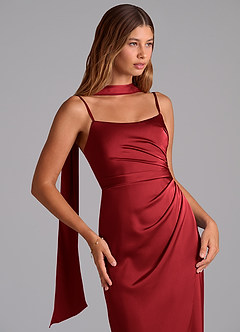 Azazie Calandra Robes de demoiselle d'honneur Robe Trapèze en Satin extensible Plissée Écarlate image5