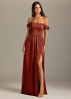 Azazie Calianna Bridesmaid Dresses Terracotta A-Line Off the Shoulder Stretch Satin Convertible Dress image1