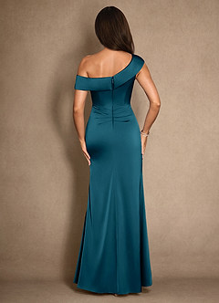 Azazie Hamptons Vestidos para mãe da noiva Vestir Tinta Azul de Cetim elástico de Linha A com Plissado image2