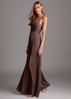 Azazie Calissa Final Sale Agave A-Line V-Neck Pleated Stretch Satin Dress image4