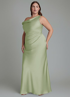 Azazie Emerson Vestidos de damas de honor Vestido Salvia Polvorienta de Satén Elástico de Corte Sirena con Hombros descubiertos image4