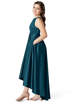 Azazie Inaya Junior Ink Blue A-Line with Belt Stretch Satin Dress image3