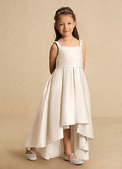 Azazie Kat Flower Girl Dresses White Alabaster A-Line Pleated Matte Satin Dress image4