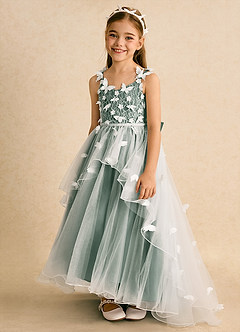 Azazie Darlina Flower Girl Dresses Ivory Eucalyptus Ball-Gown Lace Tulle Dress image6