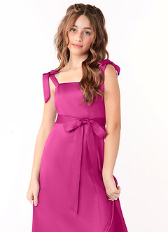 Azazie Barbara Junior Fuchsia A-Line Bow Stretch Satin Dress image5