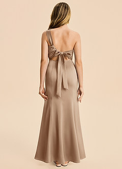 Azazie Ren Junior Taupe A-Line Pleated Stretch Satin Dress image1