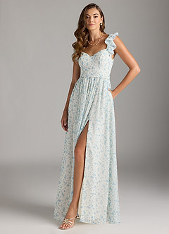 Azazie Nalin Bridesmaid Dresses Blue And White Ditsy Floral A-Line Ruched Chiffon Dress image1