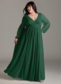 Azazie Norah Vestidos de damas de honor Vestido de Verde Oscuro de Gasa de Corte en A con Manga larga con cuello en V image8