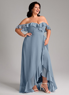 Azazie Lyra At-home Try On Dresses Dusty Blue A-Line Chiffon Convertible Dress image14