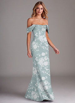 Azazie Saige Bridesmaid Dresses Powder Blue Floral Sheath Off the Shoulder Stretch Satin Dress image6