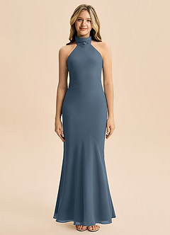 Azazie Velli Junior Meerjungfrau-Linie Hoher Kragen Chiffon Kleid Neptunblau image3