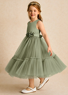 Azazie Miracle Blumenmädchenkleider A-Linie Schleifen Matte Satin Kleid Pistazie image3