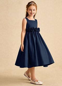 Azazie Peaches Flower Girl Dresses Dark Navy A-Line Bow Matte Satin Dress image3