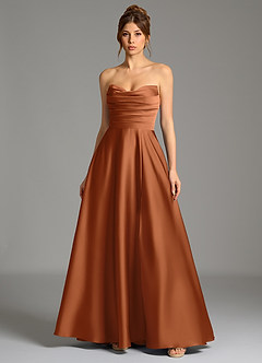 Azazie Ayla Vestidos de damas de honor Vestido de Cobre de Satén Elástico de Corte en A con Corsé image3