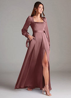 Azazie Leonia Bridesmaid Dresses Vintage Mauve A-Line Long Sleeve Stretch Satin Dress image4