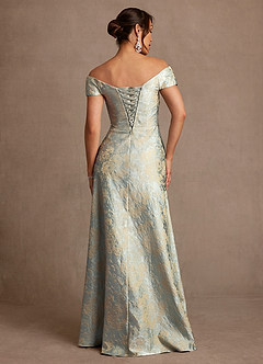 Azazie Beatrix Mother of the Bride Dresses Vintage Blue A-Line Off the Shoulder Jacquard Dress image2