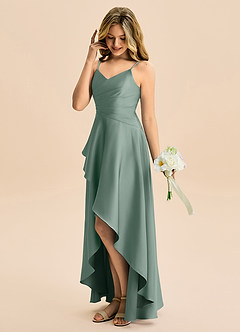 Azazie Eirlys Junior Silver Sage A-Line Pleated Stretch Satin Dress image3