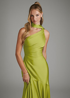 Azazie Amara Vestidos de damas de honor Vestido Hierba De Limón de Satén Elástico de Corte Sirena con Un hombro image6