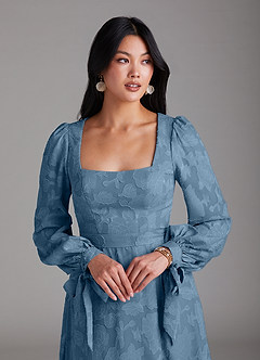 Azazie Leonia Bridesmaid Dresses Steel Blue A-Line Long Sleeve Floral Burnout Dress image6