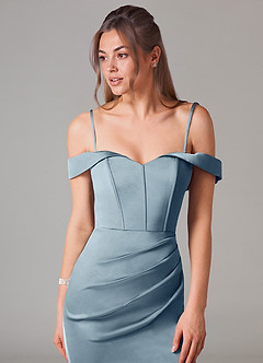 Azazie Everly Bridesmaid Dresses Dusty Blue Mermaid Off the Shoulder Stretch Satin Convertible Dress image2