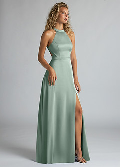 Azazie Clarice Kleider zum Anprobieren zu Hause Eine Linie Hoher Kragen Stretch-Satin Kleid Agave image2