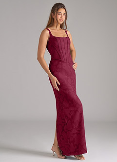 Azazie Kenna At-home Try On Dresses Burgundy Sheath Side Slit Floral Burnout Dress image4