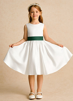 Azazie Sosie Blumenmädchenkleider A-Linie Plissee Matte Satin Kleid Elfenbein Dunkelgrün image2