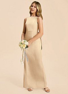 Azazie Emi Junior Champagne Sheath Bow Stretch Satin Dress image2