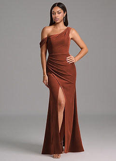 Azazie Madelyn Bridesmaid Dresses Terracotta Sheath One Shoulder Velvet Dress image1
