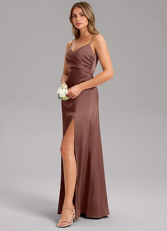 Azazie Azuree Bridesmaid Dresses Espresso A-Line Pleated Stretch Satin Dress image4