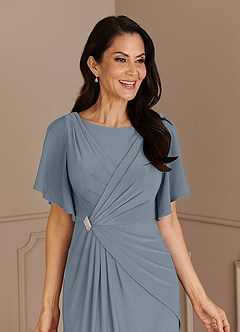 Azazie Louanne Mother of the Bride Dresses Dusty Blue Mermaid Boatneck Pleated Luxe Knit Dress image5