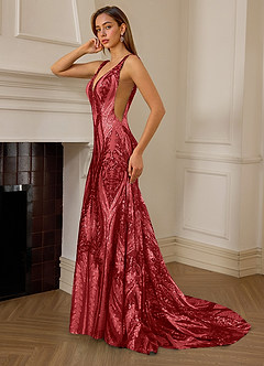 Jade Röd Paljett Satin Sidoslits Djup V-ringning Sjöjungfru Marinblå Balklänning image7