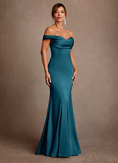Azazie Boone Mother of the Bride Dresses Ink Blue Mermaid Off the Shoulder Stretch Satin Dress image1