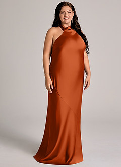 Azazie Velli Vestidos de damas de honor Vestido de Naranja Quemada de Satén Elástico de Corte Sirena con Cuello Alto image11