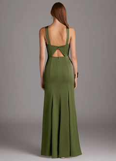 Azazie Elana Jurken voor bruidsmeisjes Jurk van Stretch Satijn met Kolom Zijsplit Olijf image4