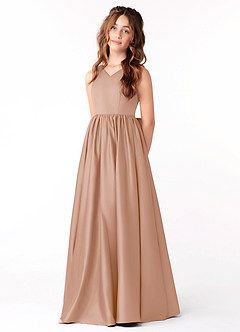 Azazie Hathaway Junior Champagne Rose A-Line Bow Matte Satin Dress image3