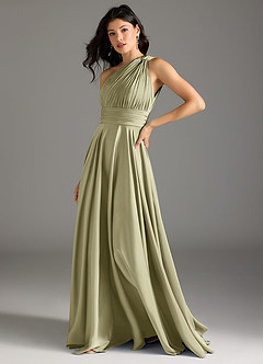 Azazie Charlize Robes de demoiselle d'honneur Robe Trapèze en Satin extensible Ue épaule Pistache image4