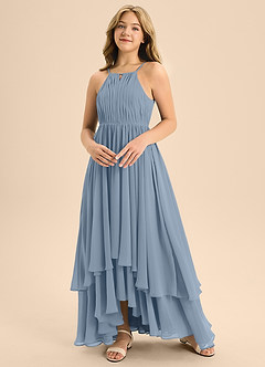 Azazie Elliora Junior Abito A-Line in Chiffon Plissettato Blu Polveroso image4