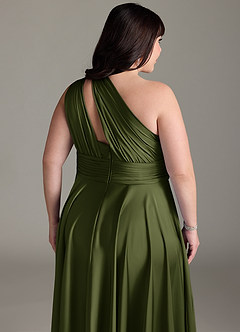 Azazie Charlize Bridesmaid Dresses Olive A-Line One Shoulder Stretch Satin Dress image16