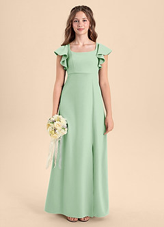 Azazie Bondi Junior Abito A-Line in Crepe Elasticizzato Spacco Laterale Verde Salvia image7