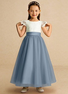 Azazie Pookie Flower Girl Dresses Dusty Blue A-Line Lace Tulle Dress image3