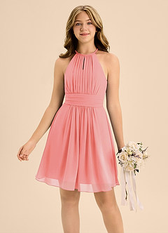 Azazie Bonnie Junior Coral A-Line Pleated Chiffon Dress image3