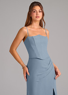 Azazie Jenine Vestidos de damas de honor Vestido de Azul Polvoriento de Gasa de Corte Sirena con Sin tirantes image2
