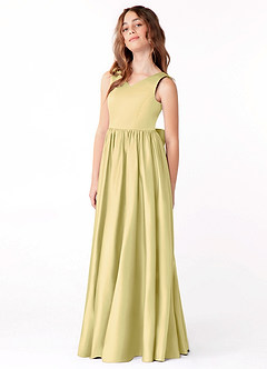Azazie Hathaway Junior Lemon Sorbet A-Line Bow Stretch Satin Dress image4