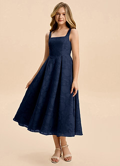 Azazie Amalie Junior Dark Navy A-Line Ruched Floral Burnout Dress image1