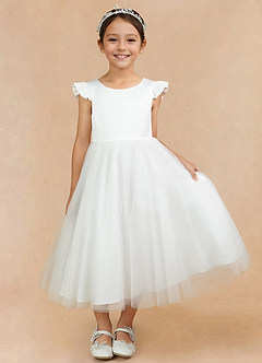 Azazie Hemi Abiti da Ragazza di Fiori Abito A-Line in Tulle Fiocco Avorio Bianco image6